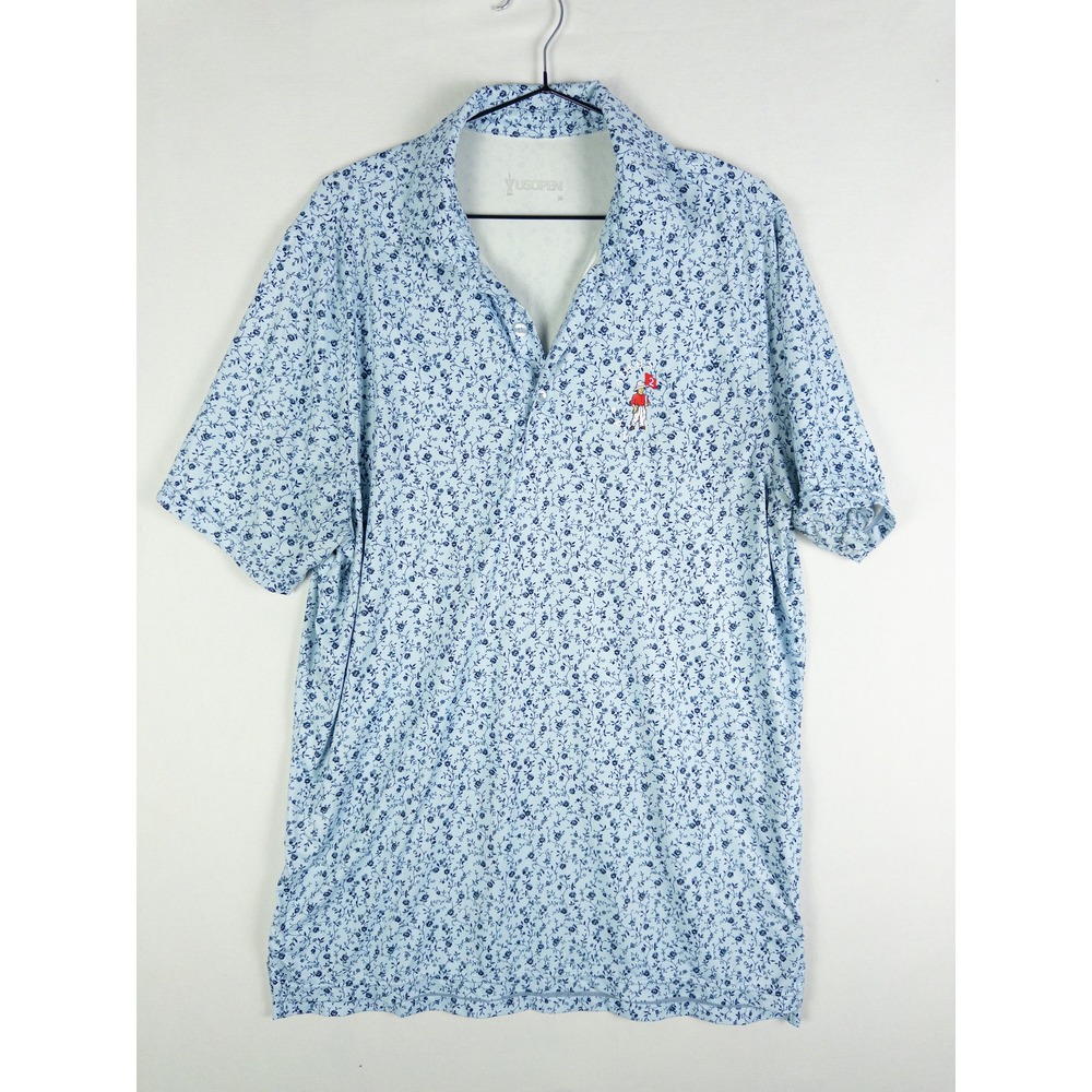 US Open Golf Polo Mens M Light Blue Floral Stretch Performance Country Club Tour